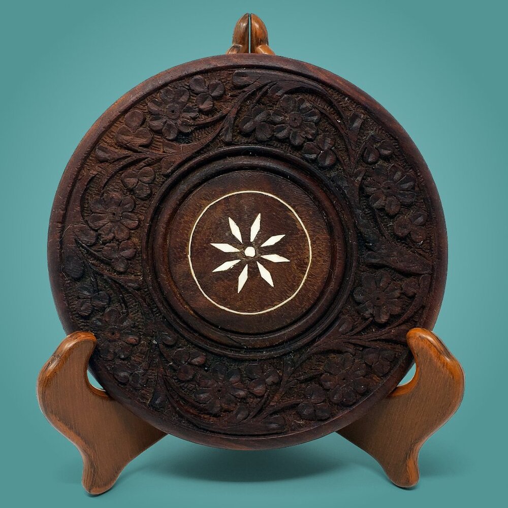 Hand-Carved Round Wooden Trivet w Floral Design White Inlay Vintage Boho Dining